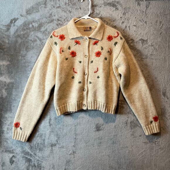 Vintage Sweaters - Vintage Floral Embroidered Knit Cardigan Y2K Cottagecore Wool Alpaca Blend Large